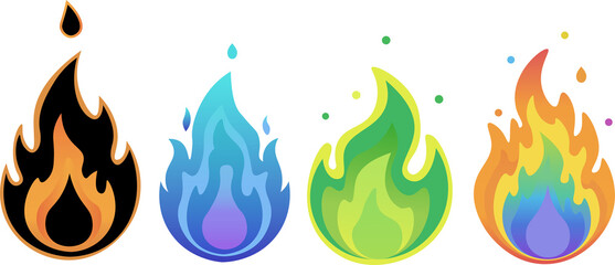 Stylized Flame Icons Collection. Four Colorful Fires Representing Energy, Elements, and Different States. © Antonina