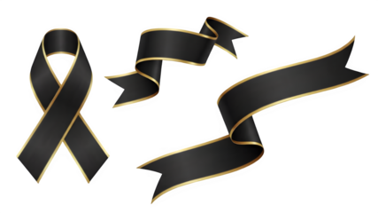 Elegant black ribbons with gold trim isolated on transparent background