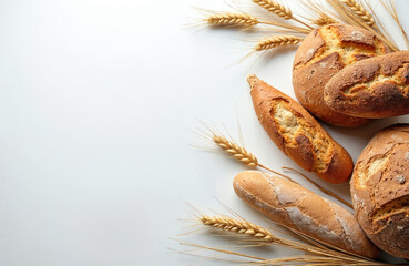 Varieties of freshly baked bread and wheat on white. Loaves and baguettes with golden crust. Artisan bread with wheat ears on minimalist background. Freshly baked goods for food blog or recipe.