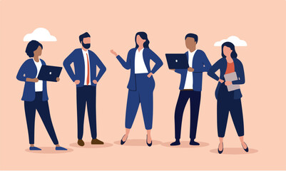 Businesspeople team talking - Group and team of five white collar people using computers talking and doing business together at work. Flat design vector illustration