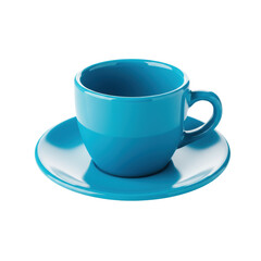 a single, ultra-detailed, high-gloss cerulean teal porcelain espresso cup and saucer, centrally isolated against a transparent background with subtle studio lighting, concept for luxury kitchenware
