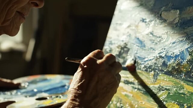 Close-up of an artists hand painting a vibrant landscape on canvas with a brush, showcasing the creative process and artistic expression.