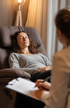 Woman relaxing in recliner during hypnotherapy session