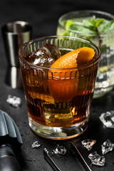 Classic Negroni cocktail served in a lowball glass with large ice cubes