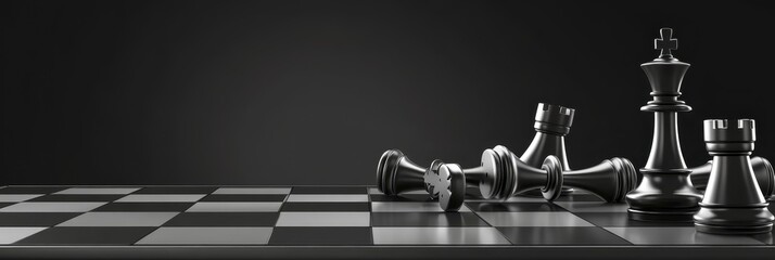 Strategic checkmate: black and white chess pieces on a dramatic dark background
