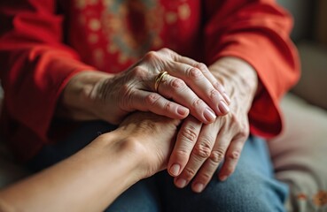 Elderly woman hands held by young person, showing affection, support. Close-up of hands, elderly woman wearing red shirt, young person caring. Hands clasped together, conveying comfort, companionship