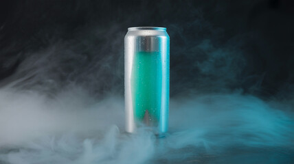 Mysterious teal soda can emerging from foggy atmosphere