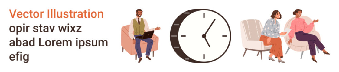 Time management, teamwork, communication, office collaboration, scheduling, group discussion. Individuals engaged in conversation beside a clock. Time management and communication concept