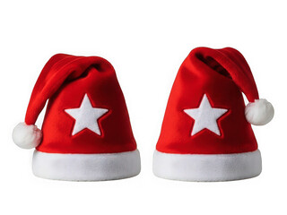 Two red Santa hats with festive christmas embroidery and white trim