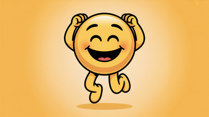 Cheerful smiley face jumping with joy on vibrant orange background