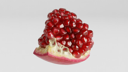 Vibrant pomegranate slice with juicy red arils on white background