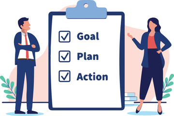 Businesspeople with strategy on white clipboard - Two people writing checklist and plan for standing and smiling together as a team. Flat design vector stock illustration