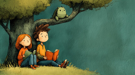 Kids Reading Under a Tree &ndash; Whimsical Children&rsquo;s Illustration with Cute Creature