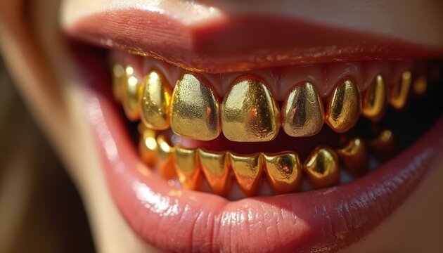 Young person smiles broadly, showing full set of shiny gold teeth. Mouth close up golden caps on every tooth. Unique dental grill reflects luxury, fashion, urban style, modern trend. Expensive mouth