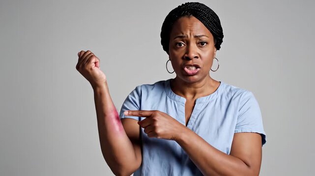 Woman Displays Arm Rash and Reacts with Concern and Annoyance, Possible Allergic Reaction