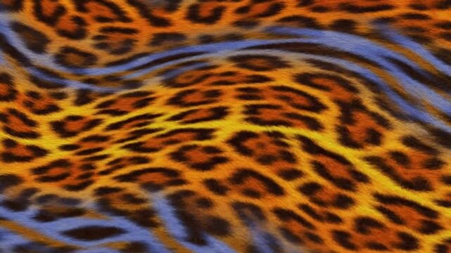 Vibrant abstract leopard print texture with flowing blue and orange hues creating a dynamic background