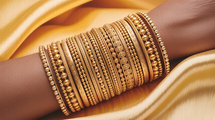 Elegant gold bangles on wrist with luxurious fabric background