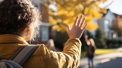 A person wearing a backpack waves goodbye on a sunny day. The warm light filters through golden autumn leaves as they send off family or friends, creating a poignant moment of farewell.
