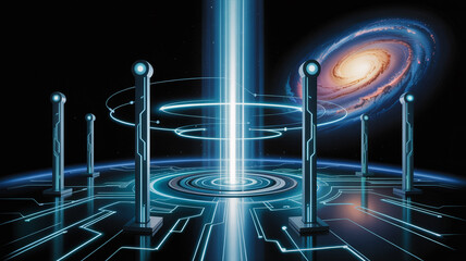 Futuristic technology portal to galaxy with neon blue circuits and laser beam