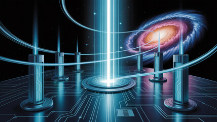 Futuristic technology interface with glowing blue lights and galaxy background