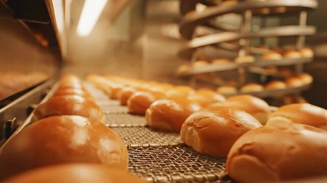 Freshly baked bread rolls move along conveyor belt in a warm bakery, showcasing golden crusts and steam, camera smoothly pans across scene