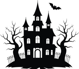 Haunted gothic castle silhouette with spooky trees and flying bat, Halloween night horror theme, eerie dark mansion illustration design