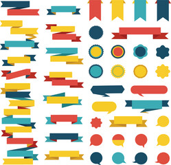 Collection of colorful ribbons and badges on white background