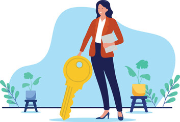 Businesswoman key to success - Woman standing with big golden key opening new opportunities in career and business. Flat design vector illustration with white background