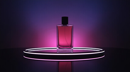 Luxury perfume bottle on glowing pink display