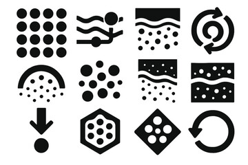 Microplastic Dynamics Icons. Microplastic Particle Dynamics silhouette set: microbead tile, water-flow node, sediment bar, turbulence ring, dispersion cue dot, aggregation patch,