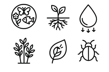 Fototapeta premium Biodiversity Icons. Holistic Ecosystem Health linear set: biodiversity ring, soil-root network, water cycle drop, carbon leaf symbol, plant cluster, small insect icon.