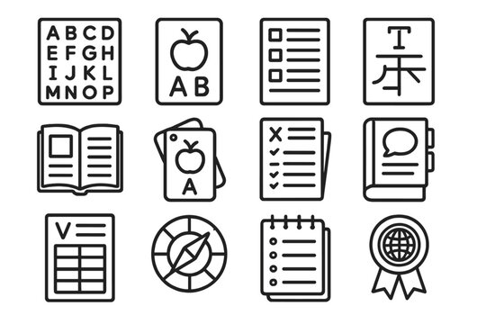 Language Learning Icons. Educational Language Resources linear set: alphabet chart, phonics card, vocabulary list, grammar sheet, reading booklet, flashcard set, practice worksheet