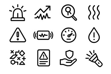 Proactive Hazard Icons. Proactive Hazard Signals linear set: early warning light, risk trend arrow, small irregularity icon, unusual noise waves, temperature rise alert, vibration