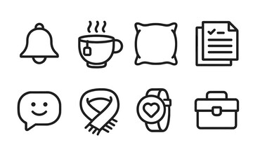 Supportive Care Icons. Supportive Care Tasks linear set: reminder bell, warm tea cup, safety cushion, organized notes, friendly chat bubble, comfort scarf, wellness tracker, care
