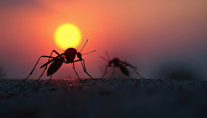 Mosquitoes silhouette at sunset over blurred background. Insects with delicate wings appear against colorful orange and purple sky. Warm evening light highlights fine insect detail outdoors.
