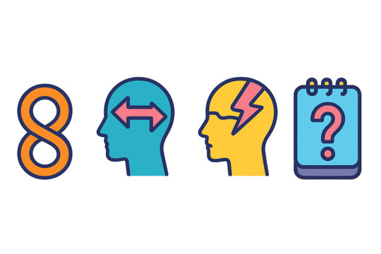 Paradox Icons in Minimalist Design. Paradoxical Thought Flows flat set: contradiction-loop ring, split-belief arc, unstable-reason pad.