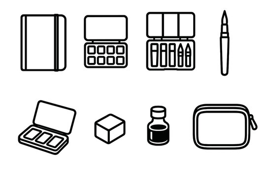 Mobile Art Supplies. Mobile Art Tools linear set: portable sketchbook, travel watercolor set, compact pencil kit, pocket brush pen, mini ink vial, folding palette, small eraser