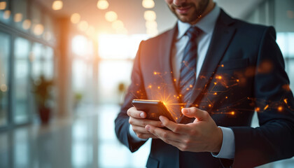 Man in suit uses smartphone with glowing futuristic interface. Digital network connections visualized on screen. Modern tech for business communication and data analysis.