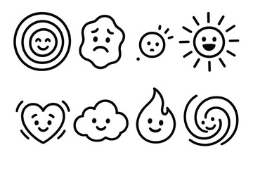 Emotional Icons in Motion. Moving Emotional Expressions linear set: radiant warmth spiral, wobbling uncertainty arc, drifting loneliness mote, bright enthusiasm beam, trembling