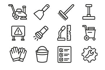 City Maintenance Icons. City Upkeep Tools linear set: sidewalk grinder, repair putty knife, drainage brush, pavement stamp, urban safety shield, street-scan flashlight,