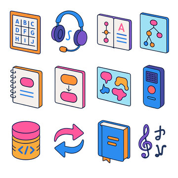 Linguist Tools Icons. Professional Linguist Tools isometric flat set: phonetic chart, transcription headset, grammar guide, syntax tree card, vocabulary notebook, etymology sheet,