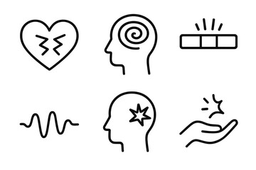Emotional Icon Set. Emotional Tension linear set: clenched heart, swirling thoughts, stress bar, wavering line, anxious spark, release symbol.