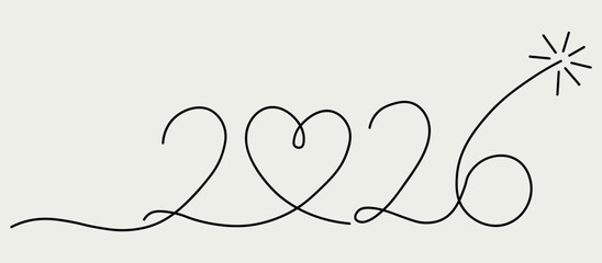 A minimalist and elegant continuous line art drawing of the year 2026 featuring a charming heart shape integrated into the design and ending with a festive sparkler creating a modern aesthetic