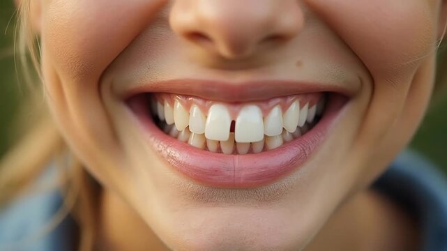 Smile of a person showing teeth with a gap in the front row during daylight 
