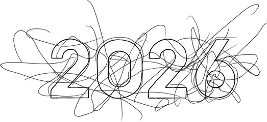 Dynamic black outline numbers 2026 are intricately intertwined with energetic scribbled lines creating an abstract and contemporary visual representation of the upcoming year or future events perfect