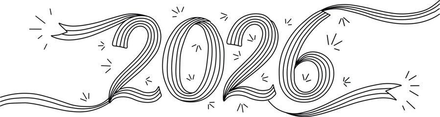 Stylized 2026 ribbon design illustration for upcoming new year celebrations and future forwardlooking projects featuring elegant line art with decorative sparkling elements creating a festive 