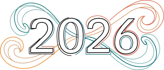 Stylized outlined year 2026 text featuring vibrant flowing organic wavy lines creating a decorative artistic frame perfect for a new year celebration graphic or future oriented design element
