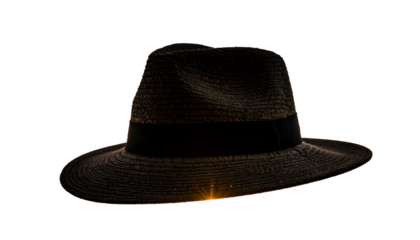 A fedora hat with a black band, sitting against a black background