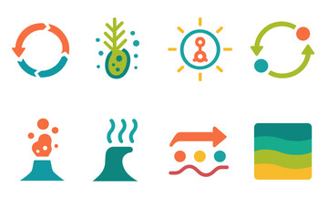 Modern Chemical Life Icons. Chemical-Based Life Processes flat set: oxidation&ndash;reduction wheel, sulfur microbe sprig, chemical-energy halo, nutrient cycling loop, deep-sea reaction