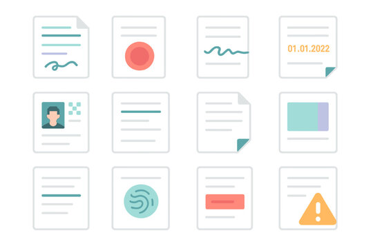 Forgery Detection Icons. Forged Document Features isometric flat set: mismatched fonts icon, blurred seal mark, irregular signature line, altered date highlight, pixelated photo